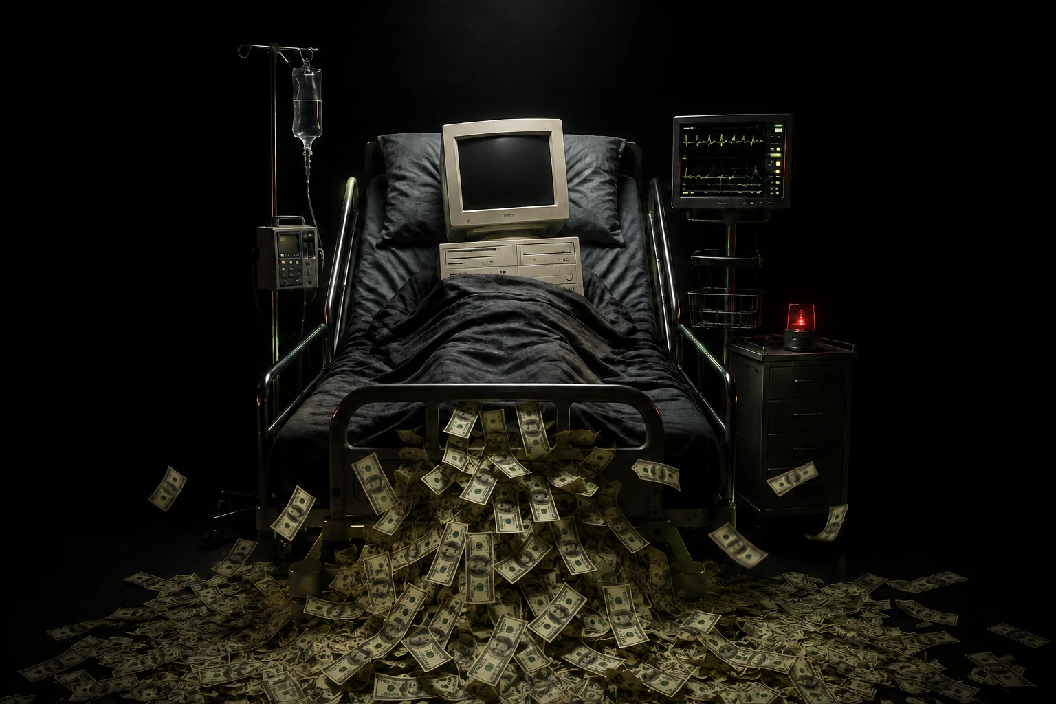 An obsolete office computer lies in an ICU bed as bundles of cash pour onto the black floor.