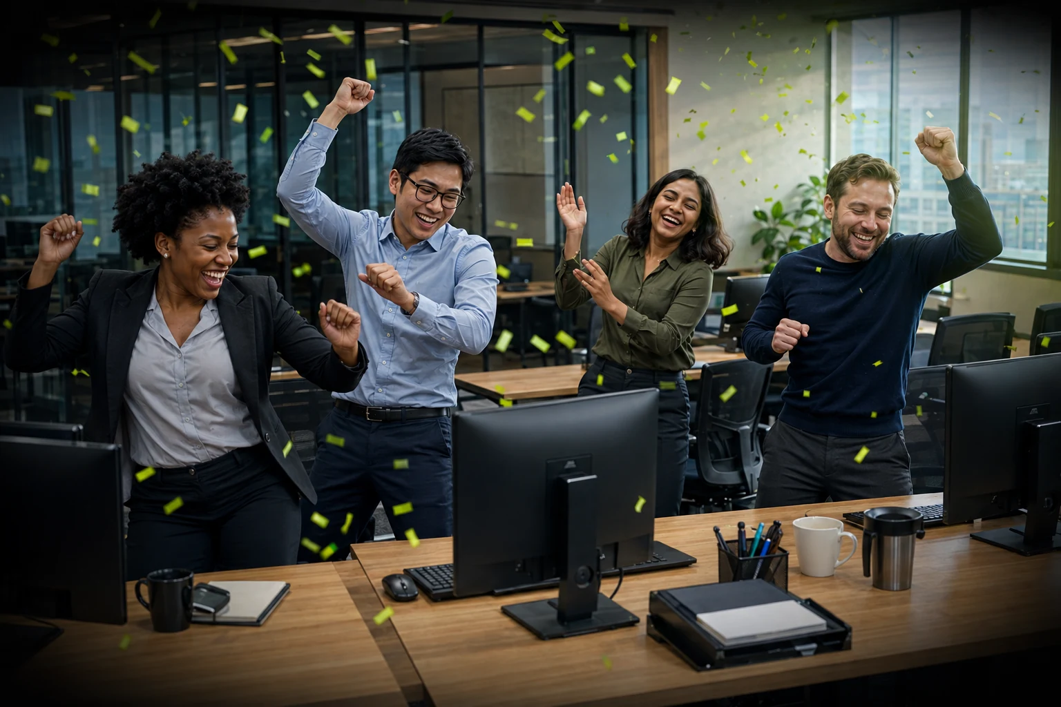 Four coworkers celebrate in their office after pulling the plug on old IT, surrounded by electric-lime confetti.