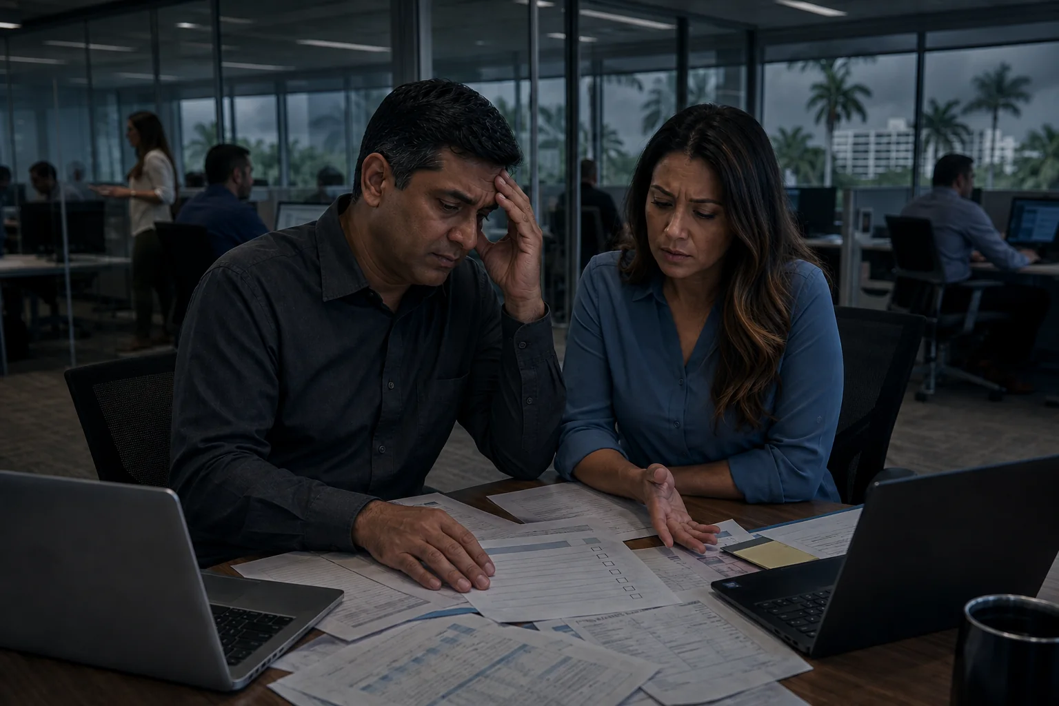 A concerned operations team reviews unresolved hurricane readiness questions in a dim commercial conference room.