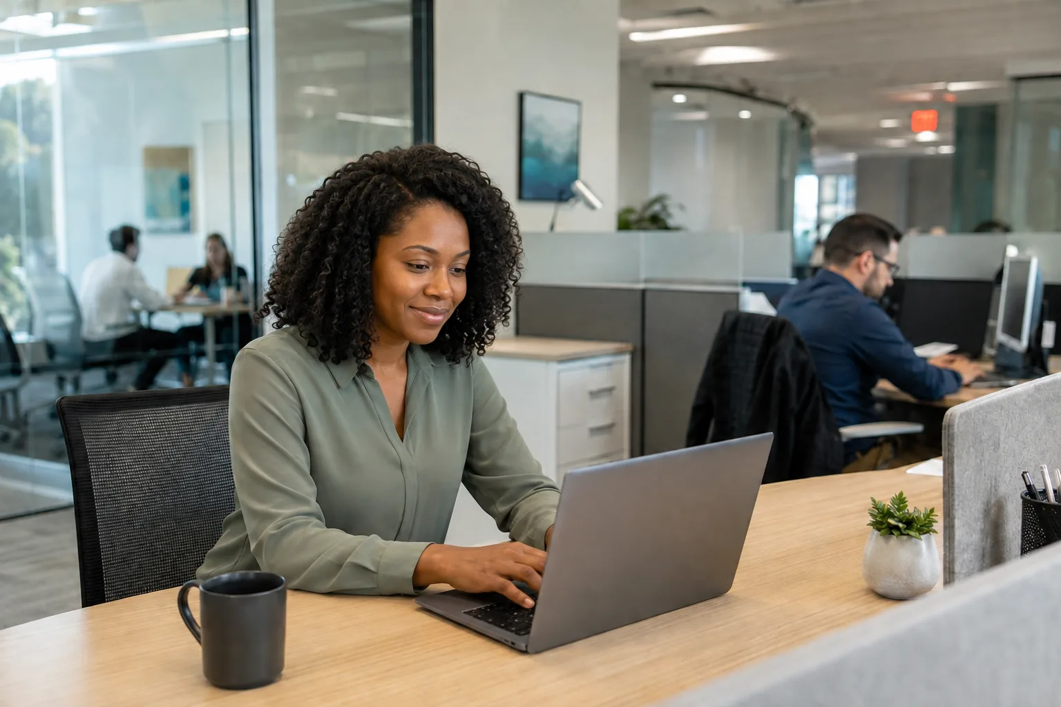 The same employee works comfortably at the shared office desk.