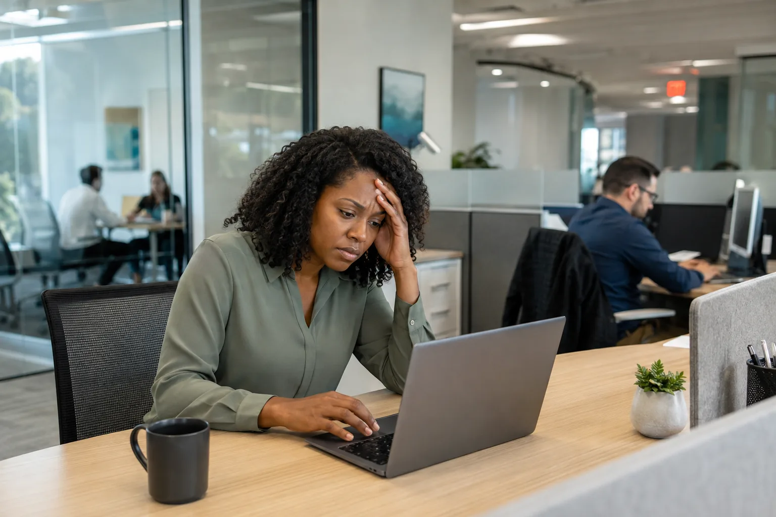 An employee struggles with account access at a shared commercial office desk.