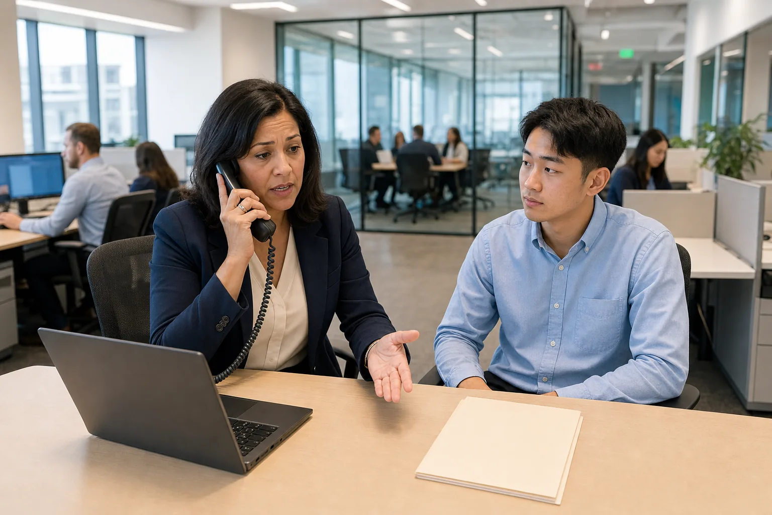 An HR lead chases an answer while a new hire waits in the office onboarding area.