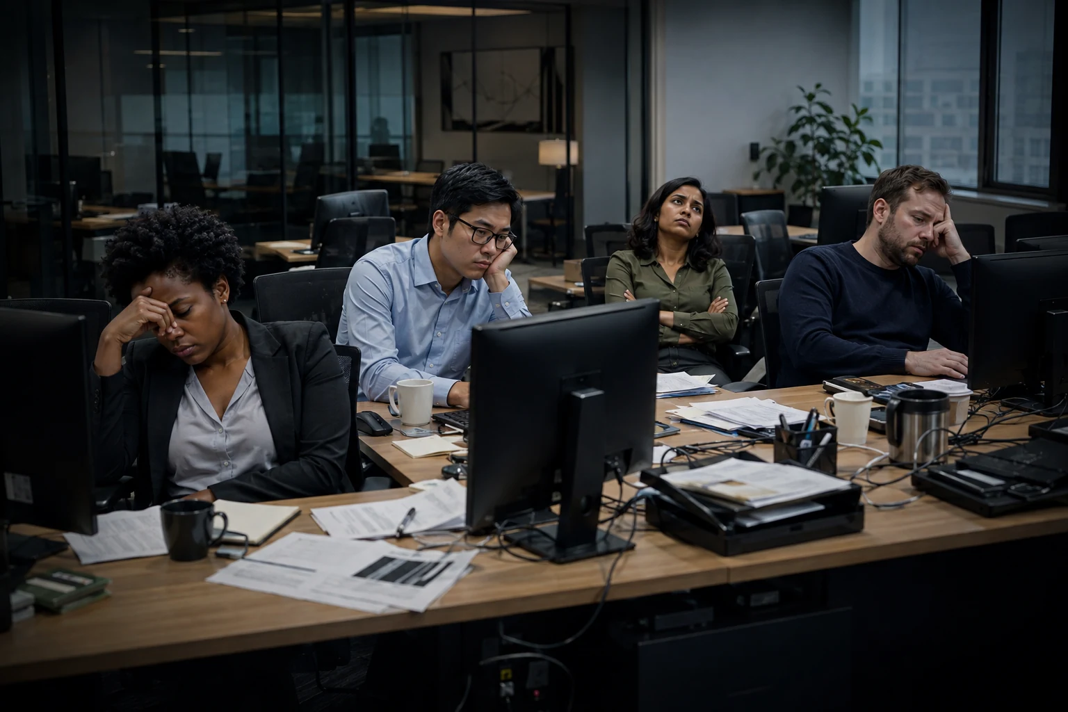 Four frustrated employees wait at their desks in a dark commercial office, unable to get on with their work.