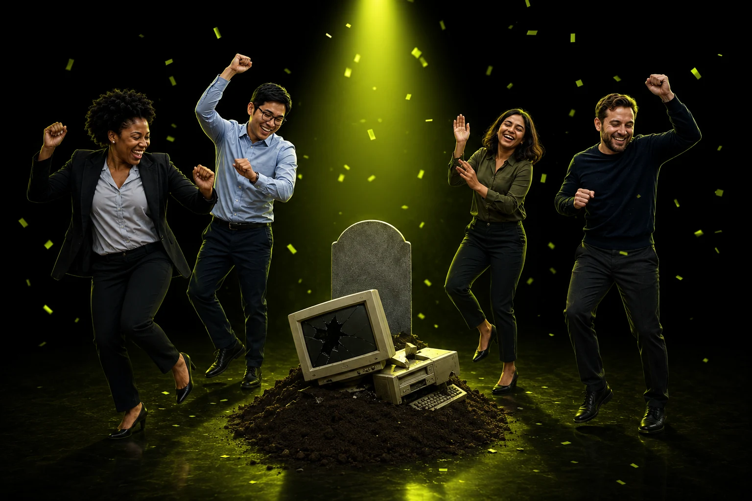The same four office coworkers dance around a symbolic grave of obsolete computer hardware in a lime spotlight.