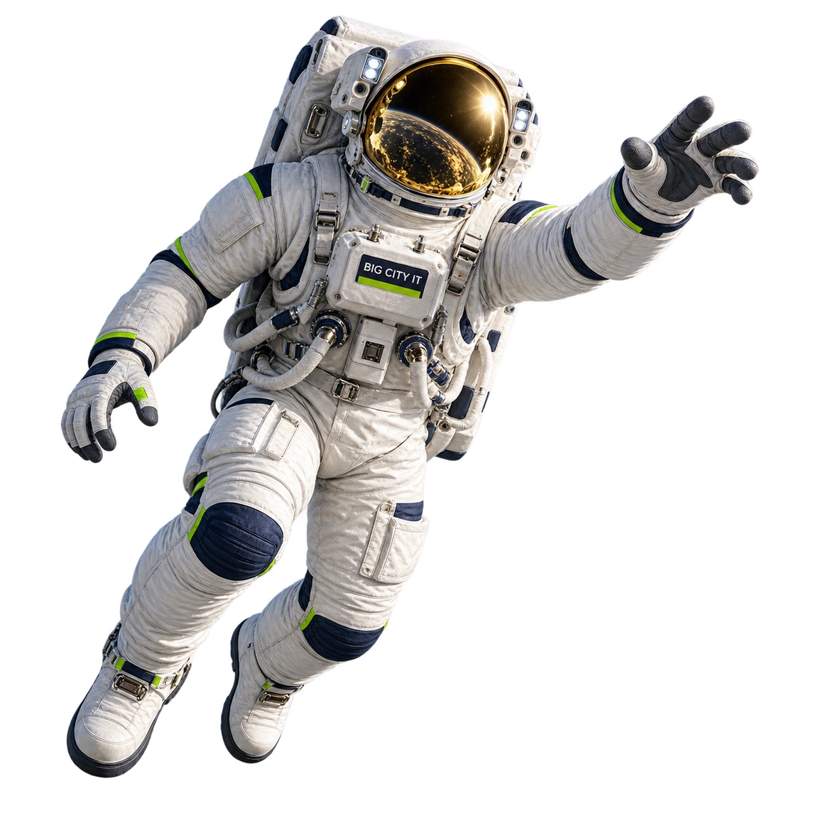 Avery, the Big City IT astronaut, in a detailed white EVA suit reaching toward the communications satellite