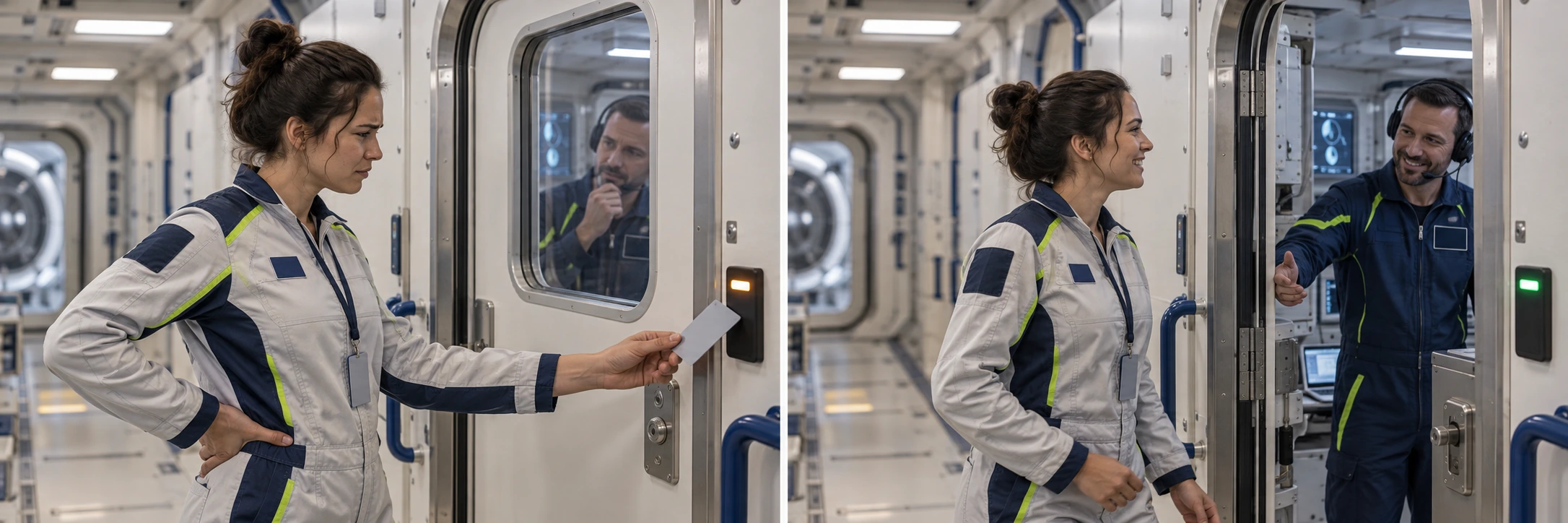 A crew member in a navy flight suit waits at a locked space-station airlock.