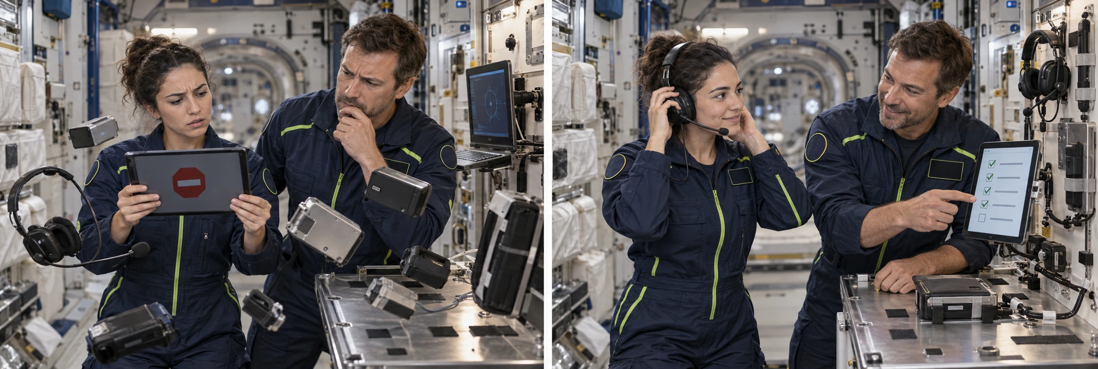 Station crew coordinating equipment and tools for their work.