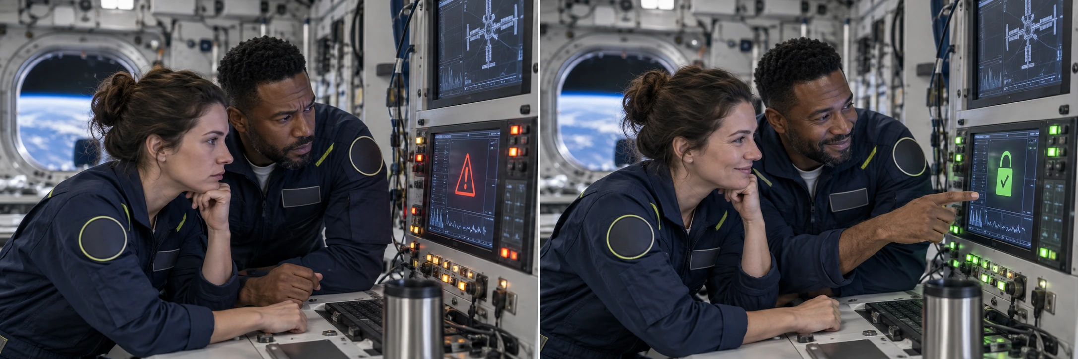 Station crew reviewing information and next steps at a console.