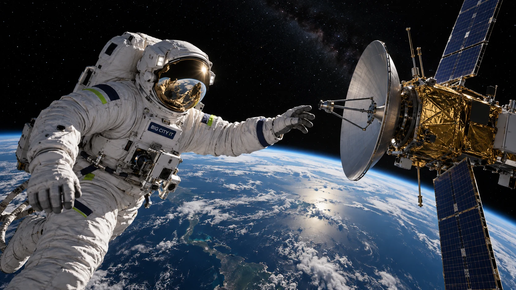 Big City IT astronaut reaching a satellite above Earth.
