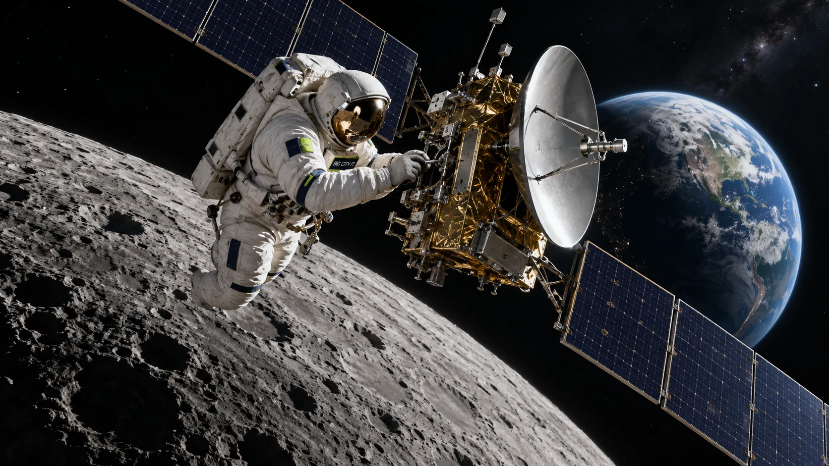 Satellite repair at the lunar edge with Earth beyond.